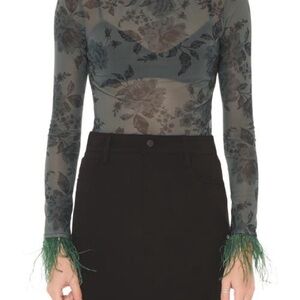 Wayf Lola Floral Sheer bodysuit  with Feather Cuffs
